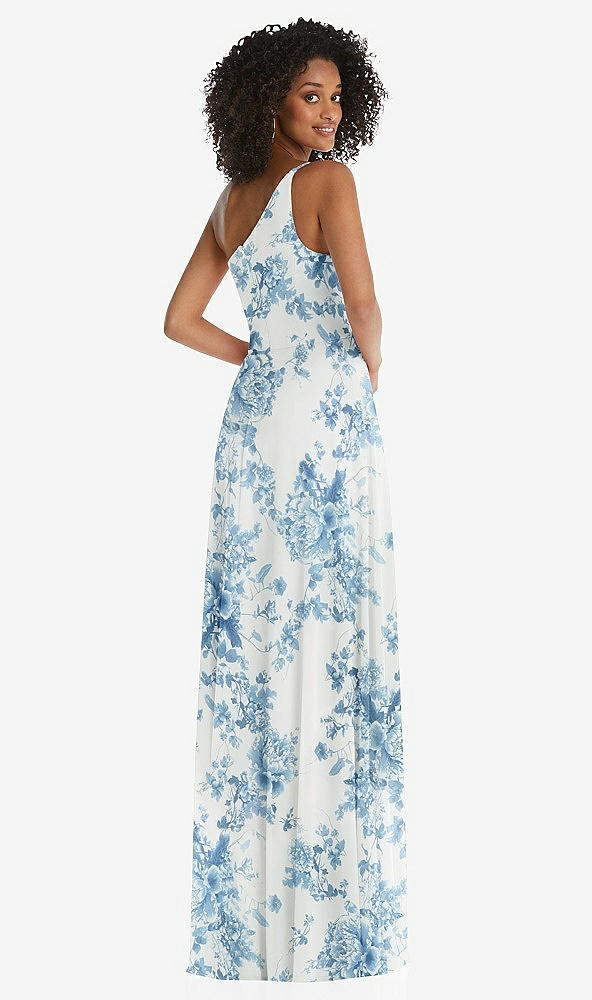 Back View - Cottage Rose Dusk Blue One-Shoulder Chiffon Maxi Dress with Shirred Front Slit