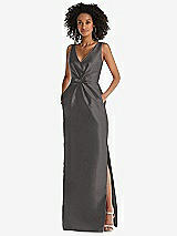 Front View Thumbnail - Caviar Gray Pleated Bodice Satin Maxi Pencil Dress with Bow Detail