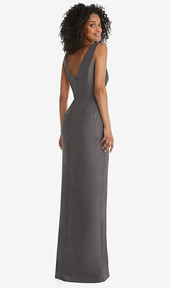 Back View - Caviar Gray Pleated Bodice Satin Maxi Pencil Dress with Bow Detail