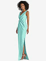 Side View Thumbnail - Coastal Pleated Bodice Satin Maxi Pencil Dress with Bow Detail