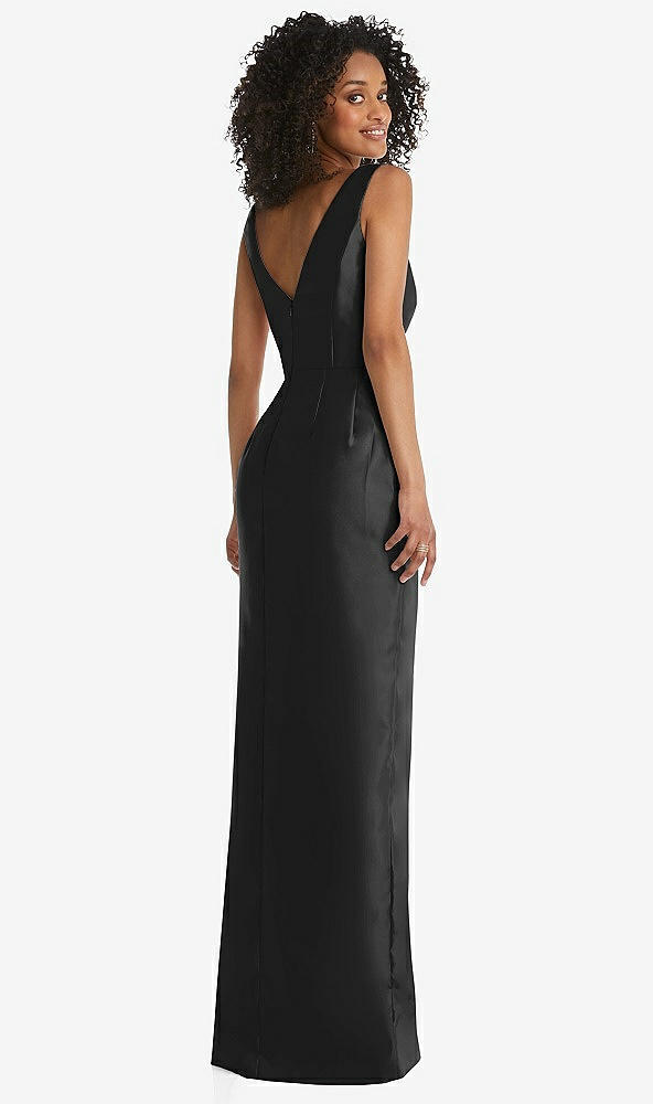 Back View - Black Pleated Bodice Satin Maxi Pencil Dress with Bow Detail