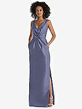 Front View Thumbnail - French Blue Pleated Bodice Satin Maxi Pencil Dress with Bow Detail