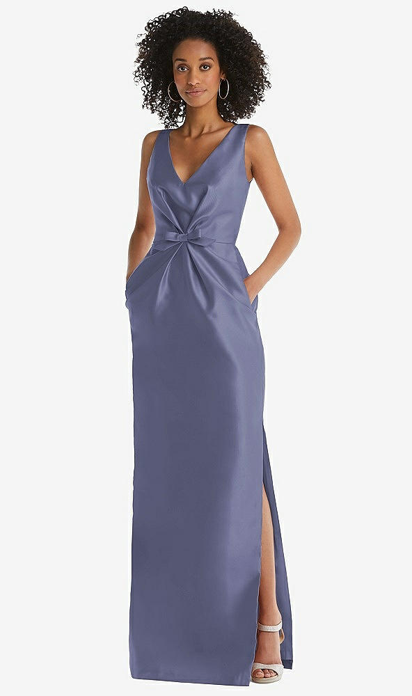 Front View - French Blue Pleated Bodice Satin Maxi Pencil Dress with Bow Detail