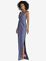 Side View Thumbnail - French Blue Pleated Bodice Satin Maxi Pencil Dress with Bow Detail