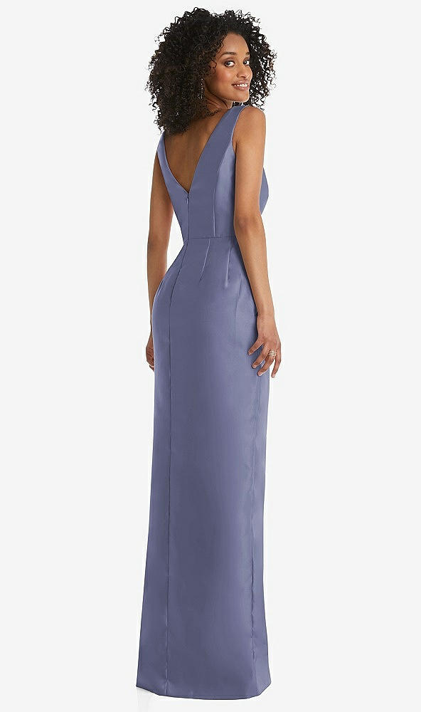 Back View - French Blue Pleated Bodice Satin Maxi Pencil Dress with Bow Detail