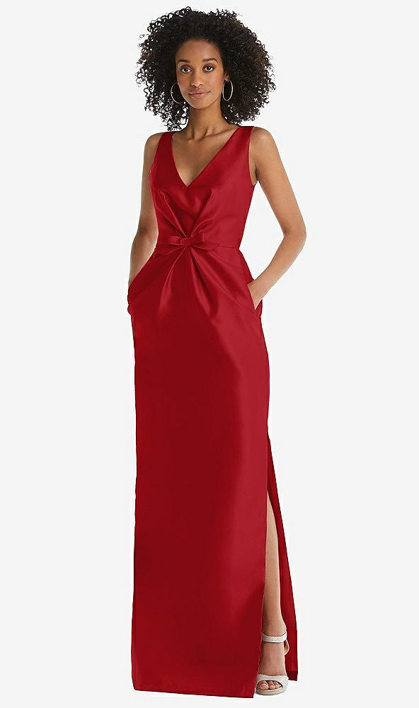 Front View - Garnet Pleated Bodice Satin Maxi Pencil Dress with Bow Detail