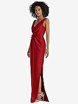 Side View Thumbnail - Garnet Pleated Bodice Satin Maxi Pencil Dress with Bow Detail