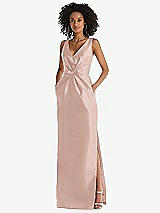 Front View Thumbnail - Toasted Sugar Pleated Bodice Satin Maxi Pencil Dress with Bow Detail