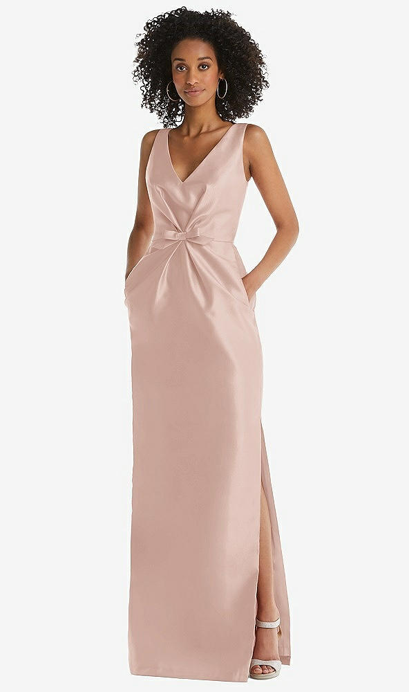 Front View - Toasted Sugar Pleated Bodice Satin Maxi Pencil Dress with Bow Detail