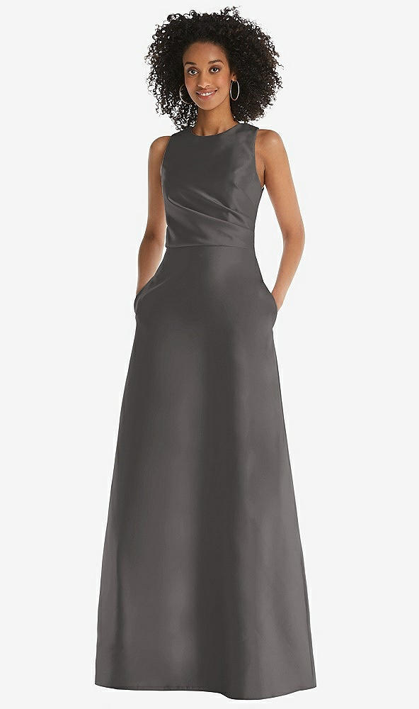 Front View - Caviar Gray Jewel Neck Asymmetrical Shirred Bodice Maxi Dress with Pockets