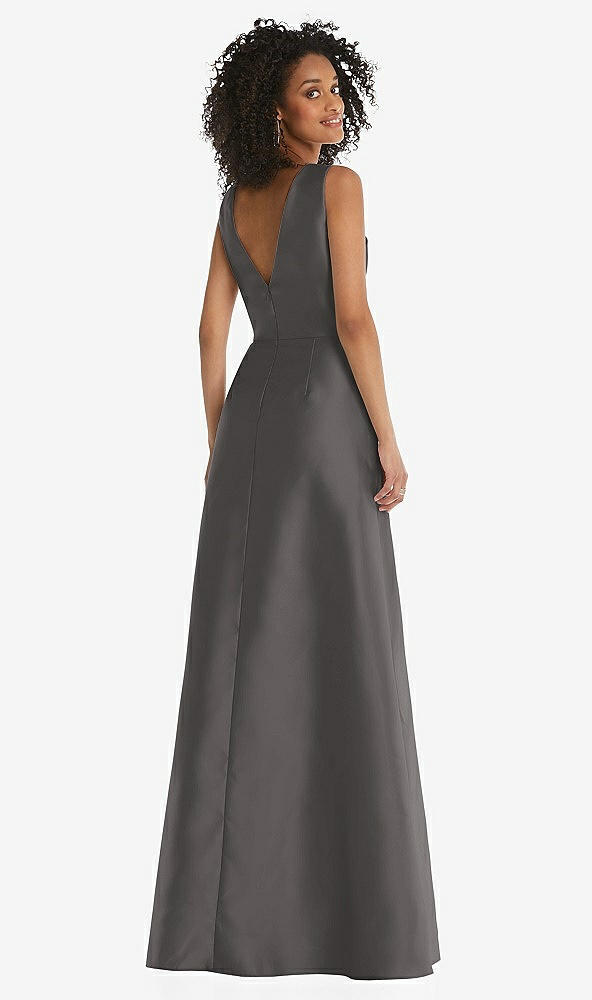 Back View - Caviar Gray Jewel Neck Asymmetrical Shirred Bodice Maxi Dress with Pockets