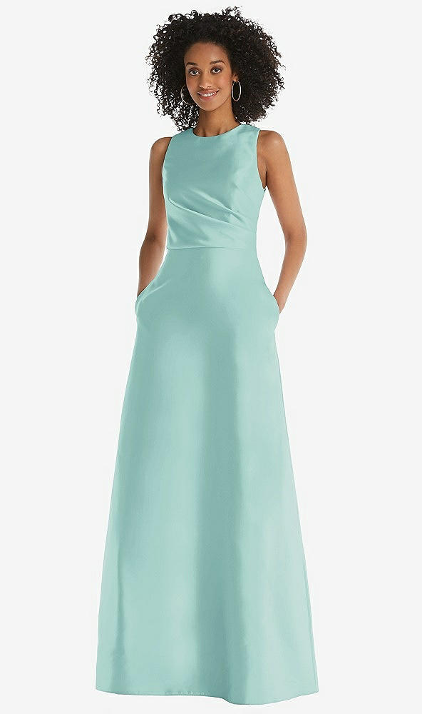 Front View - Coastal Jewel Neck Asymmetrical Shirred Bodice Maxi Dress with Pockets