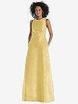 Front View Thumbnail - Maize Jewel Neck Asymmetrical Shirred Bodice Maxi Dress with Pockets