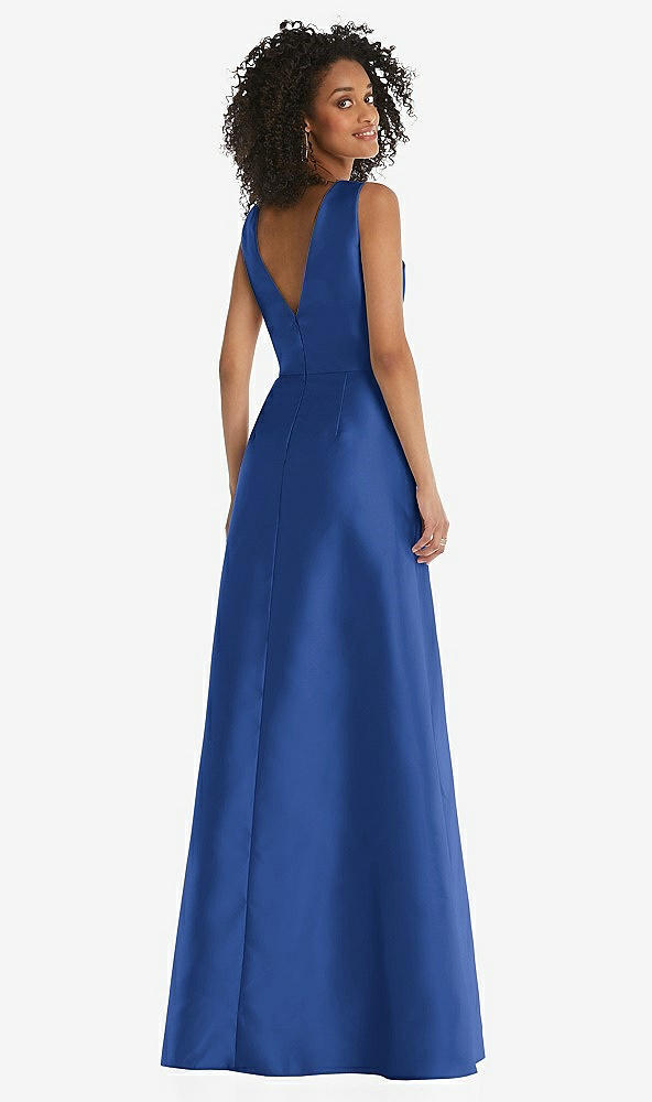 Back View - Classic Blue Jewel Neck Asymmetrical Shirred Bodice Maxi Dress with Pockets