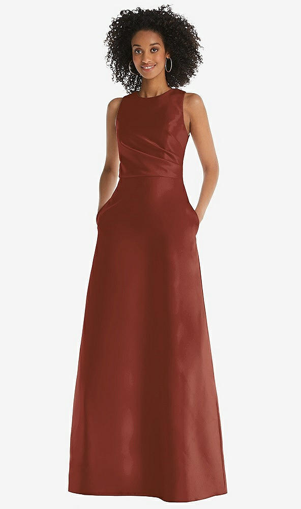 Front View - Auburn Moon Jewel Neck Asymmetrical Shirred Bodice Maxi Dress with Pockets