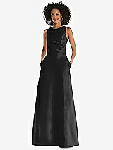 Front View Thumbnail - Black Jewel Neck Asymmetrical Shirred Bodice Maxi Dress with Pockets