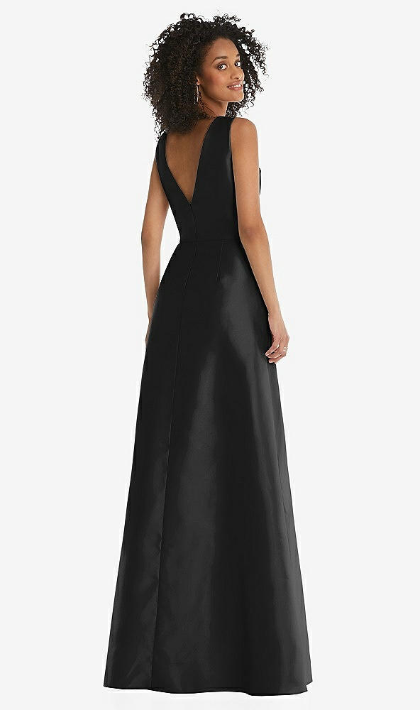 Back View - Black Jewel Neck Asymmetrical Shirred Bodice Maxi Dress with Pockets