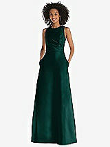 Front View Thumbnail - Evergreen Jewel Neck Asymmetrical Shirred Bodice Maxi Dress with Pockets
