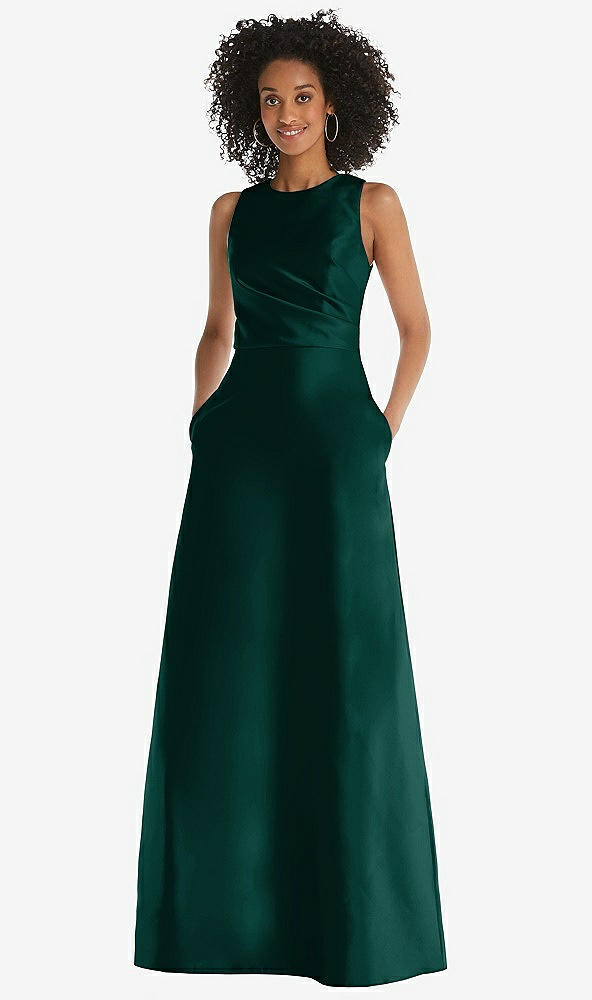 Front View - Evergreen Jewel Neck Asymmetrical Shirred Bodice Maxi Dress with Pockets
