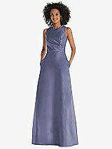 Front View Thumbnail - French Blue Jewel Neck Asymmetrical Shirred Bodice Maxi Dress with Pockets