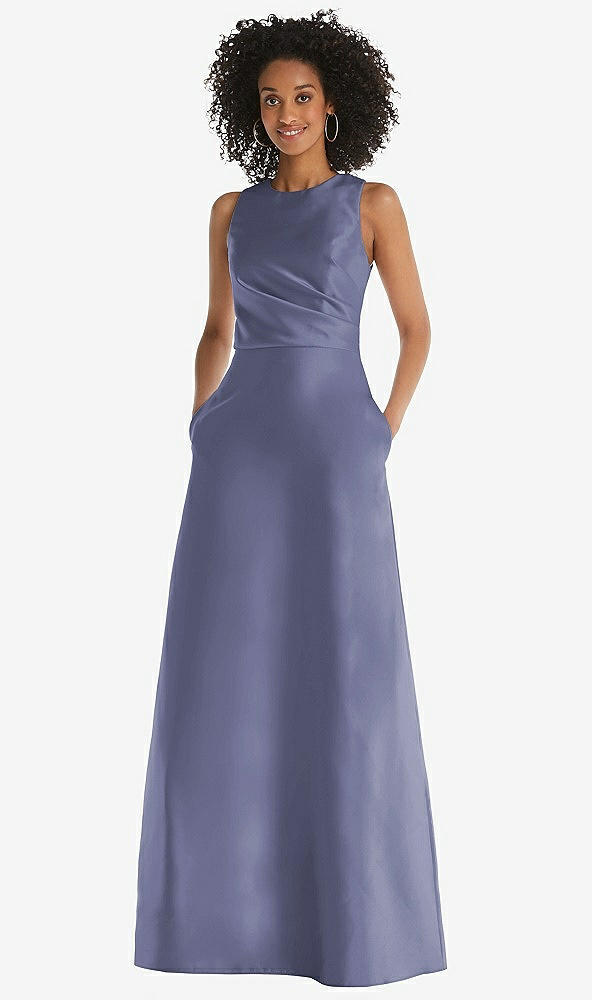 Front View - French Blue Jewel Neck Asymmetrical Shirred Bodice Maxi Dress with Pockets