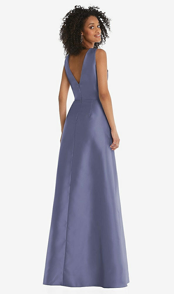 Back View - French Blue Jewel Neck Asymmetrical Shirred Bodice Maxi Dress with Pockets