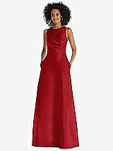 Front View Thumbnail - Garnet Jewel Neck Asymmetrical Shirred Bodice Maxi Dress with Pockets