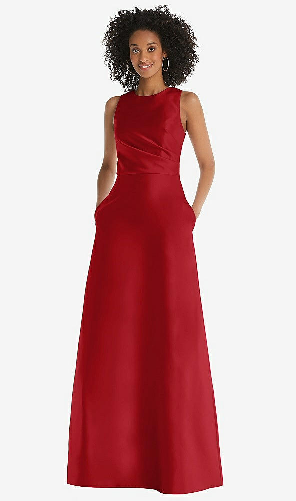 Front View - Garnet Jewel Neck Asymmetrical Shirred Bodice Maxi Dress with Pockets