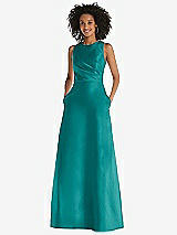 Front View Thumbnail - Jade Jewel Neck Asymmetrical Shirred Bodice Maxi Dress with Pockets