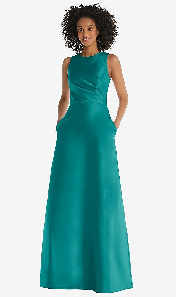 Front View - Jade Jewel Neck Asymmetrical Shirred Bodice Maxi Dress with Pockets