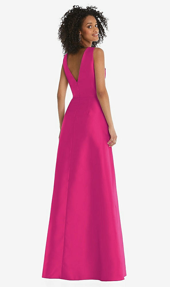 Back View - Think Pink Jewel Neck Asymmetrical Shirred Bodice Maxi Dress with Pockets