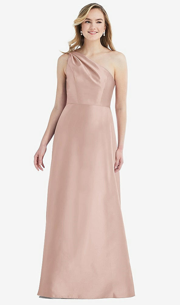 Front View - Toasted Sugar Pleated Draped One-Shoulder Satin Maxi Dress with Pockets