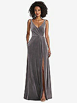 Front View Thumbnail - Caviar Gray Velvet Maxi Dress with Shirred Bodice and Front Slit