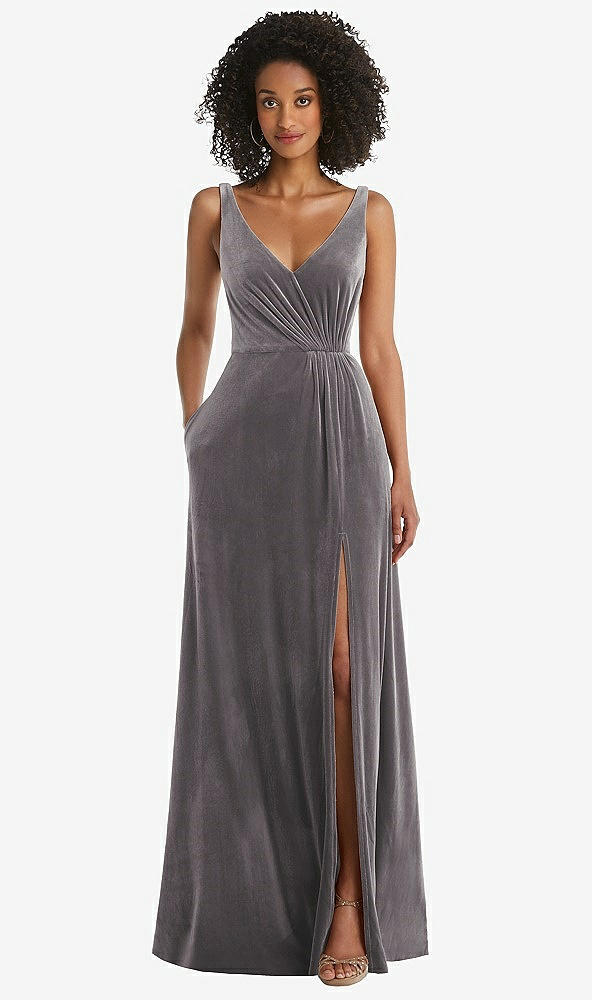 Front View - Caviar Gray Velvet Maxi Dress with Shirred Bodice and Front Slit