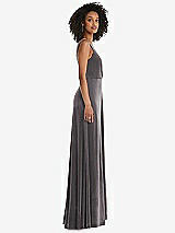 Side View Thumbnail - Caviar Gray Velvet Maxi Dress with Shirred Bodice and Front Slit