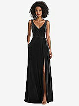 Front View Thumbnail - Black Velvet Maxi Dress with Shirred Bodice and Front Slit