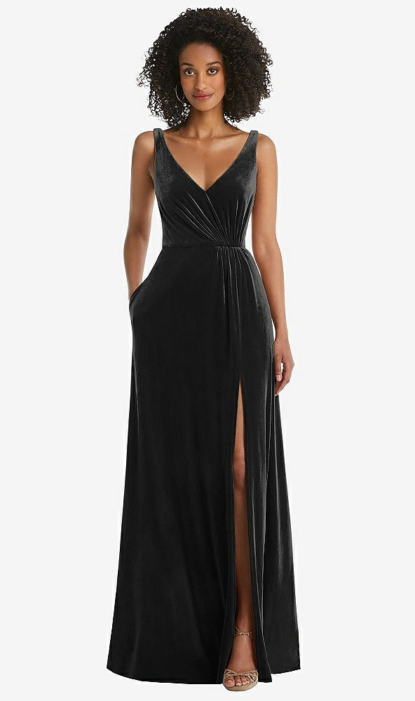 Front View - Black Velvet Maxi Dress with Shirred Bodice and Front Slit