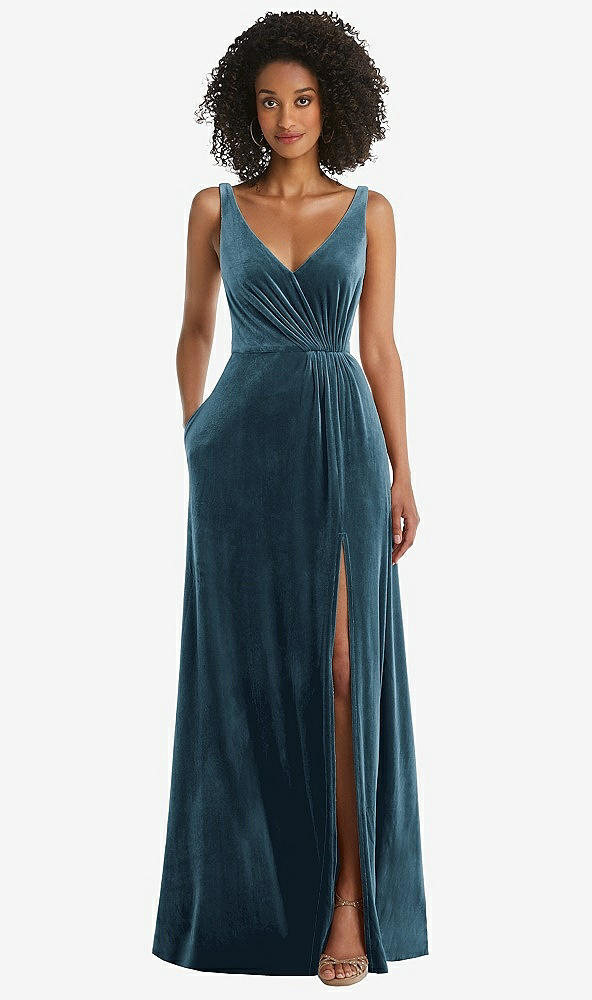 Front View - Dutch Blue Velvet Maxi Dress with Shirred Bodice and Front Slit