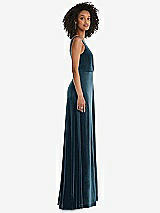 Side View Thumbnail - Dutch Blue Velvet Maxi Dress with Shirred Bodice and Front Slit