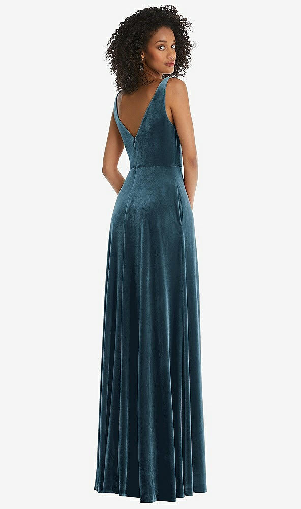 Back View - Dutch Blue Velvet Maxi Dress with Shirred Bodice and Front Slit