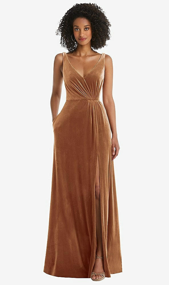 Front View - Golden Almond Velvet Maxi Dress with Shirred Bodice and Front Slit