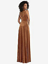 Rear View Thumbnail - Golden Almond Velvet Maxi Dress with Shirred Bodice and Front Slit