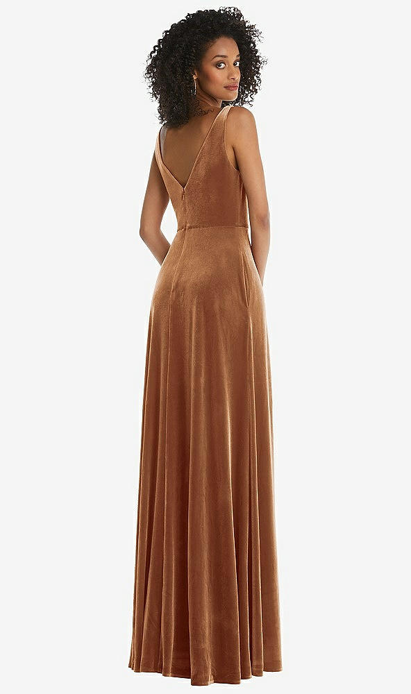 Back View - Golden Almond Velvet Maxi Dress with Shirred Bodice and Front Slit