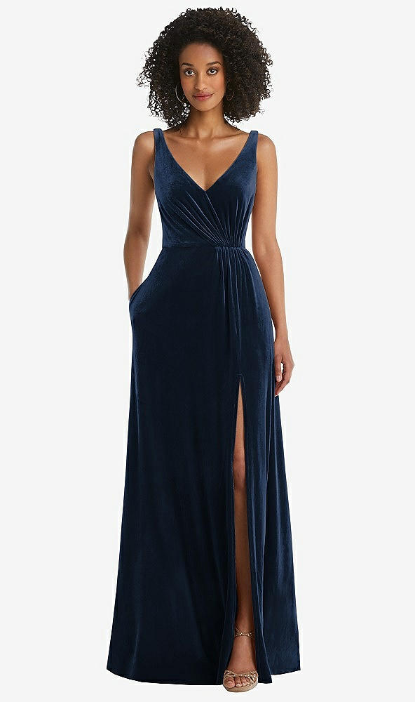 Front View - Midnight Navy Velvet Maxi Dress with Shirred Bodice and Front Slit