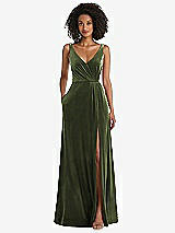 Front View Thumbnail - Olive Green Velvet Maxi Dress with Shirred Bodice and Front Slit