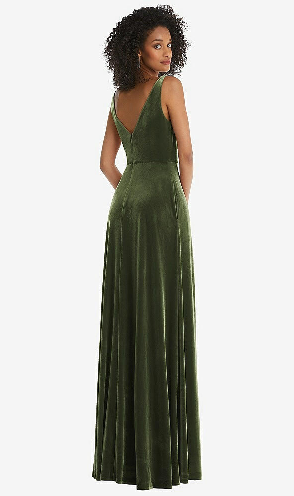 Back View - Olive Green Velvet Maxi Dress with Shirred Bodice and Front Slit