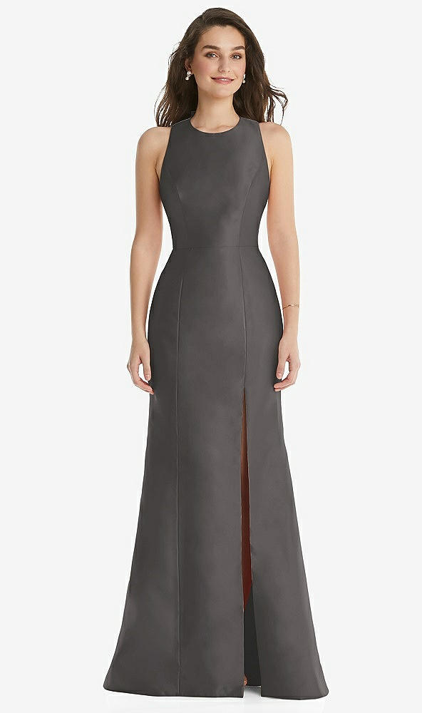 Front View - Caviar Gray Jewel Neck Bowed Open-Back Trumpet Dress with Front Slit