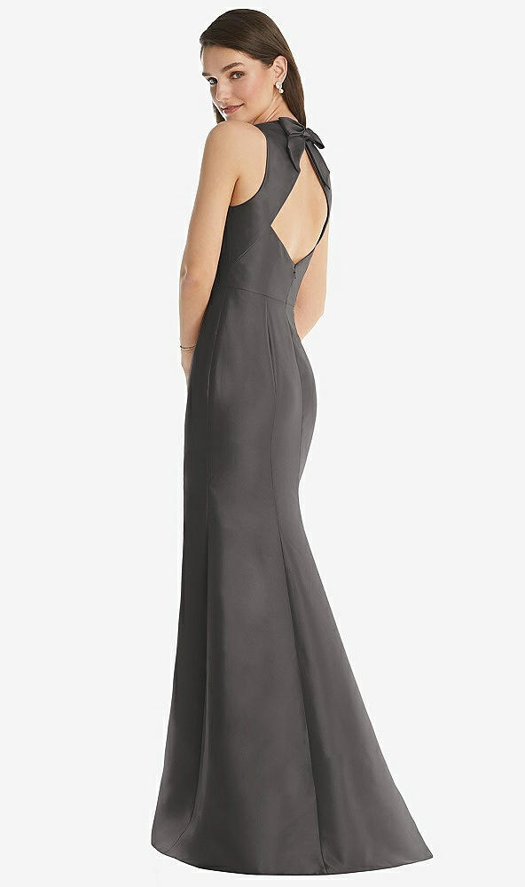 Back View - Caviar Gray Jewel Neck Bowed Open-Back Trumpet Dress with Front Slit