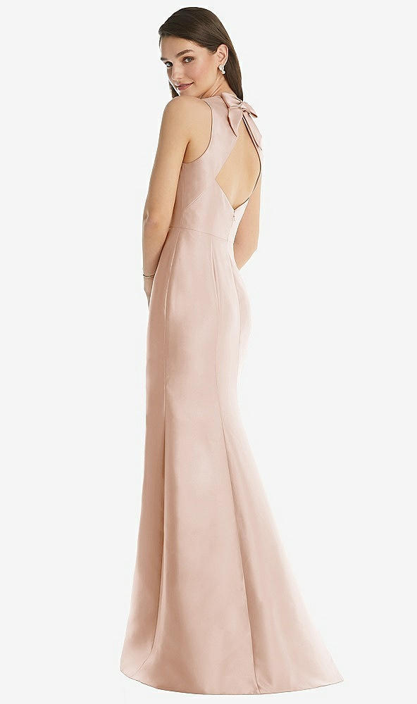 Back View - Cameo Jewel Neck Bowed Open-Back Trumpet Dress with Front Slit