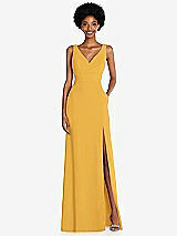 Front View Thumbnail - NYC Yellow Square Low-Back A-Line Dress with Front Slit and Pockets